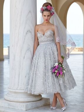 Marchesa Silver Lace Tea-Length Wedding Dress with Pink Veil Accents